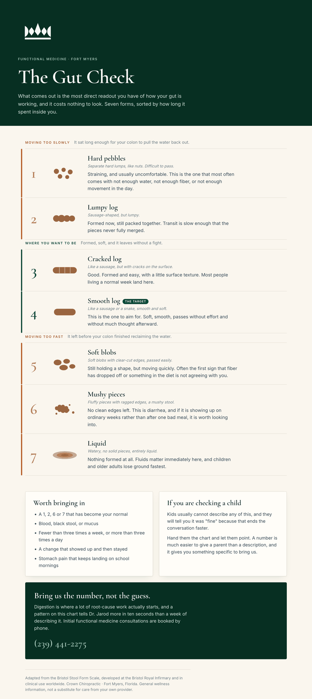 The Crown Gut Check, a Bristol stool chart from Crown Chiropractic showing seven stool types grouped into moving too slowly, where you want to be, and moving too fast, with what each one means